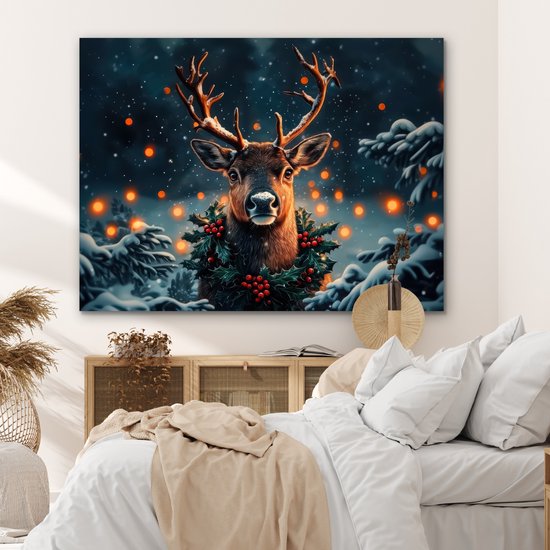 Tableau aluminium 160x120 cm - Décoration murale métal - Cerf - Noël - Hiver - Neige - Couronne de Noël - Décoration murale métal salon - Décoration industrielle - Photo sur dibond - Accessoires industriels chambre