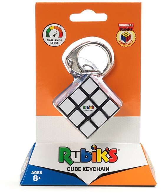 Rubik's Cube sleutelhanger in oranje verpakking, met de bekende kleuren en het Rubik's logo.
