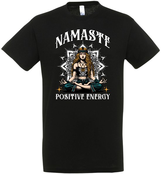 Namaste Positive Energy T-shirt – Yoga T-shirt – Fun T-shirt – Zwart – Grappig shirt – Yoga Kleding – Leuk Cadeau – Yoga shirt Dames – Yoga shirt Heren – Unisex - Maat L