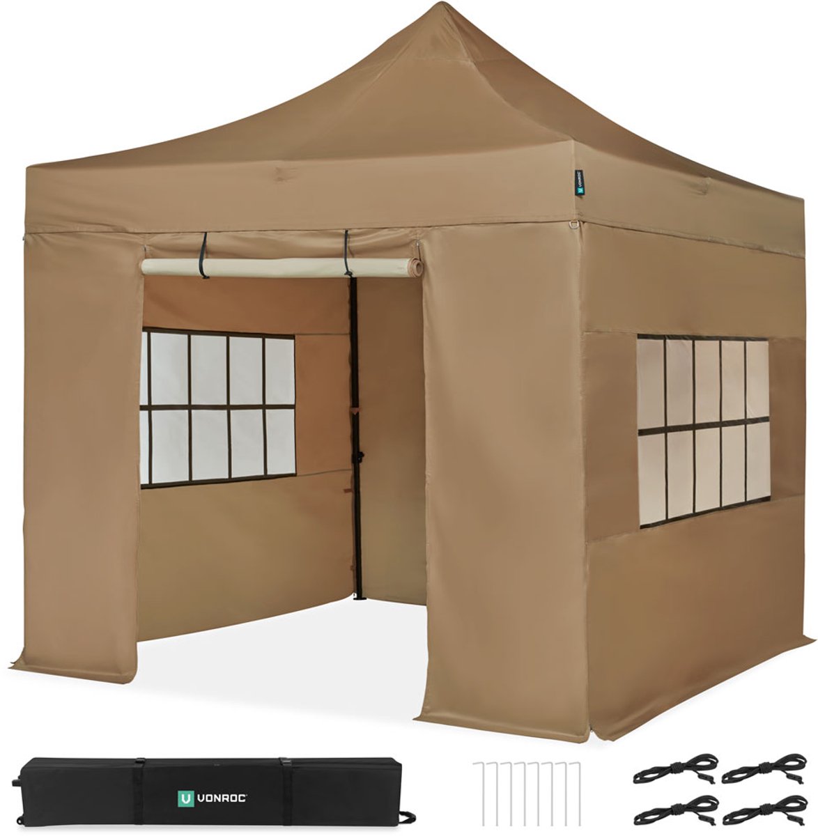 VONROC Easy-Up Partytent – 3x3 m - Premium easy-up Partytent - Set incl. Zijwanden - Modulair Ontwerp – Opvouwbaar – Waterdicht – Stalen Frame - 50+ UV Bescherming - Incl. Opbergtas - Beige