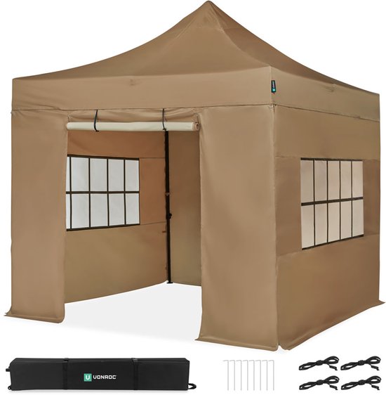 VONROC Easy-Up Partytent – 3x3 m - Premium easy-up Partytent - Set incl. Zijwanden - Modulair Ontwerp – Opvouwbaar – Waterdicht – Stalen Frame - 50+ UV Bescherming - Incl. Opbergtas - Beige