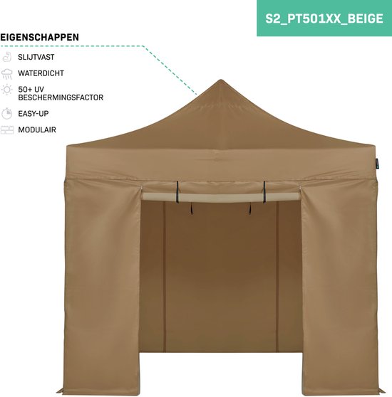 VONROC Easy-Up Partytent – 3x3 m - Premium easy-up Partytent - Set incl. Zijwanden - Modulair Ontwerp – Opvouwbaar – Waterdicht – Stalen Frame - 50+ UV Bescherming - Incl. Opbergtas - Beige