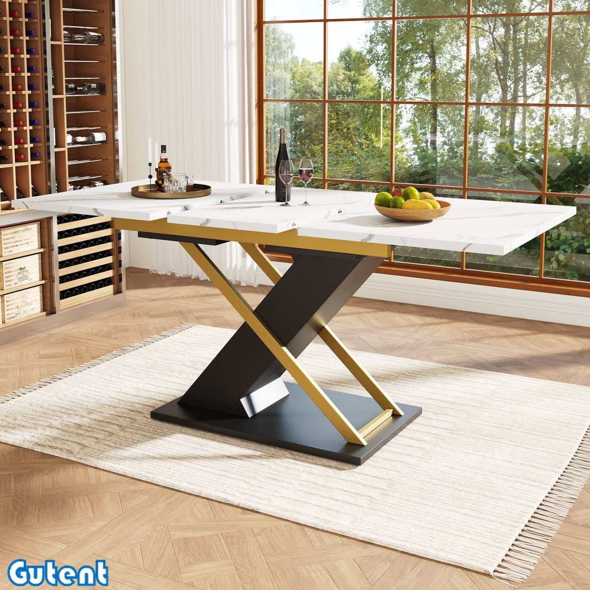 Gutent Uitschuifbare eettafel (160-200 x 60 cm)-Goudzwarte gekruiste poten-Wit tafelblad Wit/Zwart/Goud