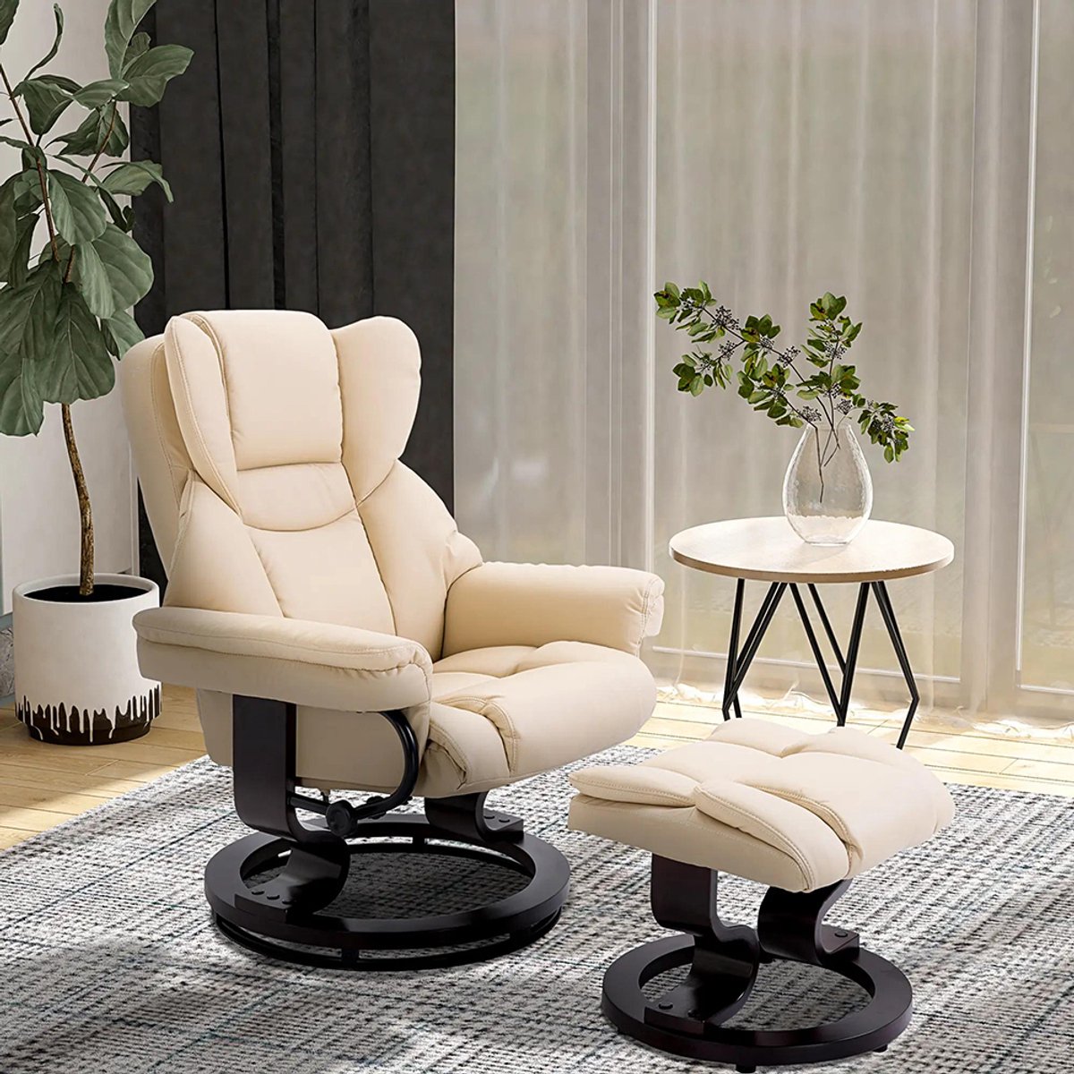 Sweiko Relaxfauteuil - met Kruk - Verstelbare functie - Draaibaar - Max. belasting 160 kg - Kunstleer - Crème wit