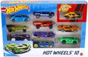 Hot Wheels 10 auto's verpakking met een blauwe kever, rode SUV, gele sportwagen en een paarse futuristische auto.