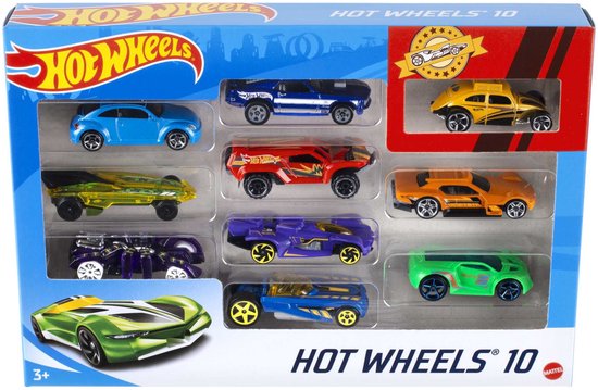 Hot Wheels 10 auto's verpakking met een blauwe kever, rode SUV, gele sportwagen en een paarse futuristische auto.