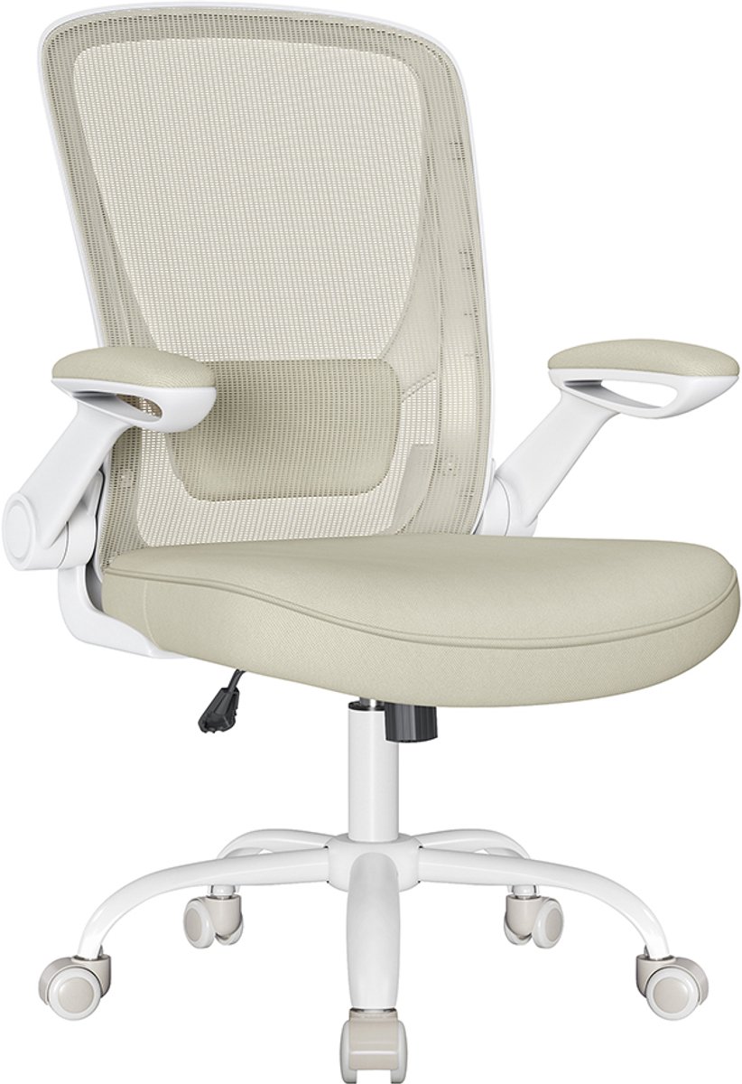 Ergonomische Bureaustoel Wit & Beige - Mesh Rugleuning - Opklapbare Armleuningen - Thuiswerkplek Stoel - Draaibaar & Verstelbaar - 120 kg