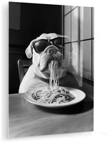 MuchoWow® Glasschilderij 120x160 cm - Schilderij acrylglas - Hond - Bulldog - Pasta - Bril - Stoer - Dieren - Foto op glas - Muurdecoratie woonkamer - Wanddecoratie slaapkamer - Schilderijen