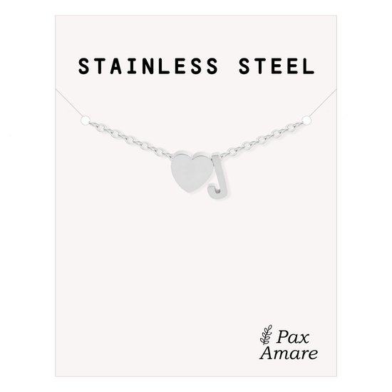 Letter J Armband Zilverkleurig - Stainless Steel - Initiaal & Hartje Hanger - Initialen Armband op Cadeau Kaartje - Pax Amare - 15,5cm + 5cm verstelbaar