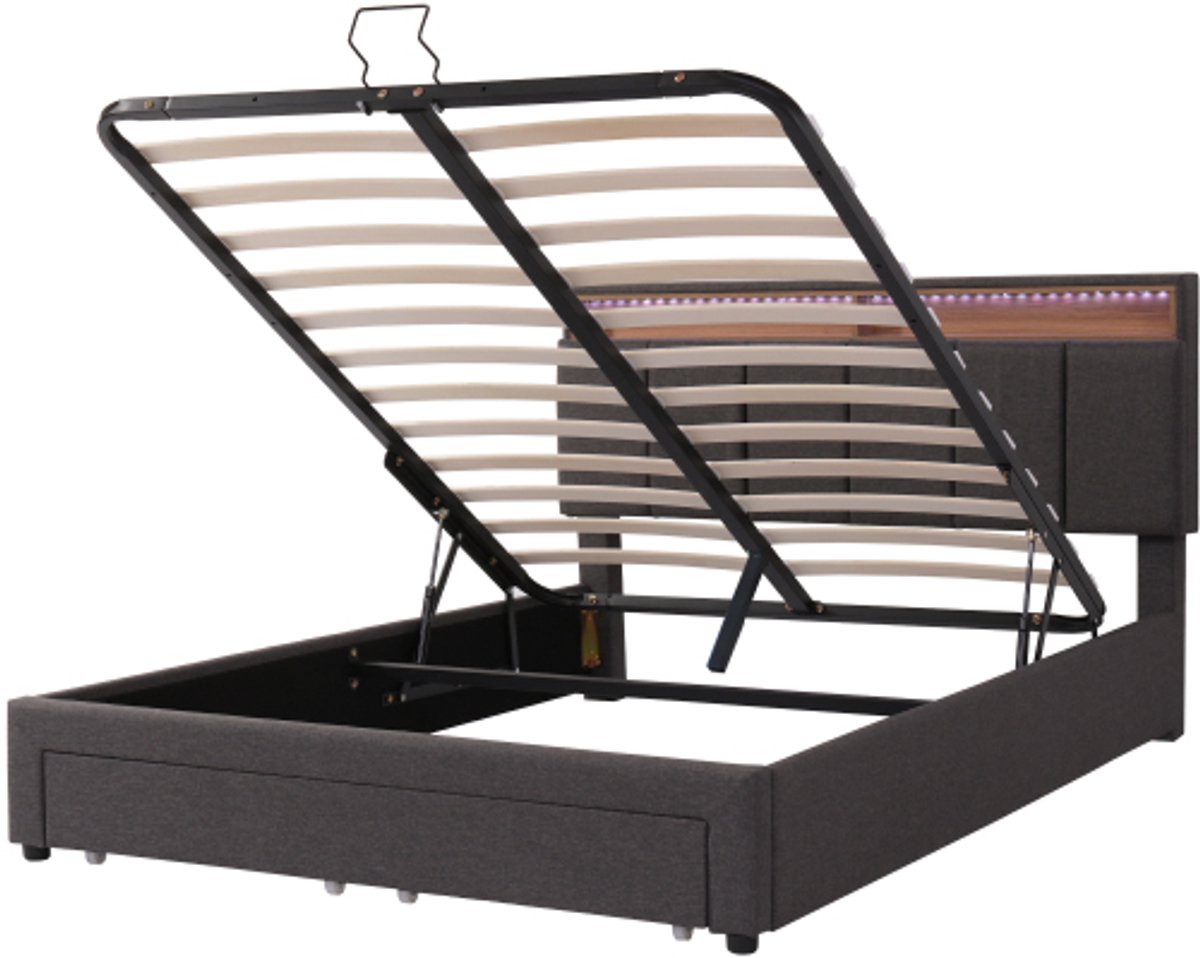 Gotagee Gestoffeerd bed 140x190cm, met LED-verlichting, hydraulisch opbergbed met bedstee, laden en opbergvakken, opbergbaar hoofdeinde, tweepersoonsbed, linnen, grijs