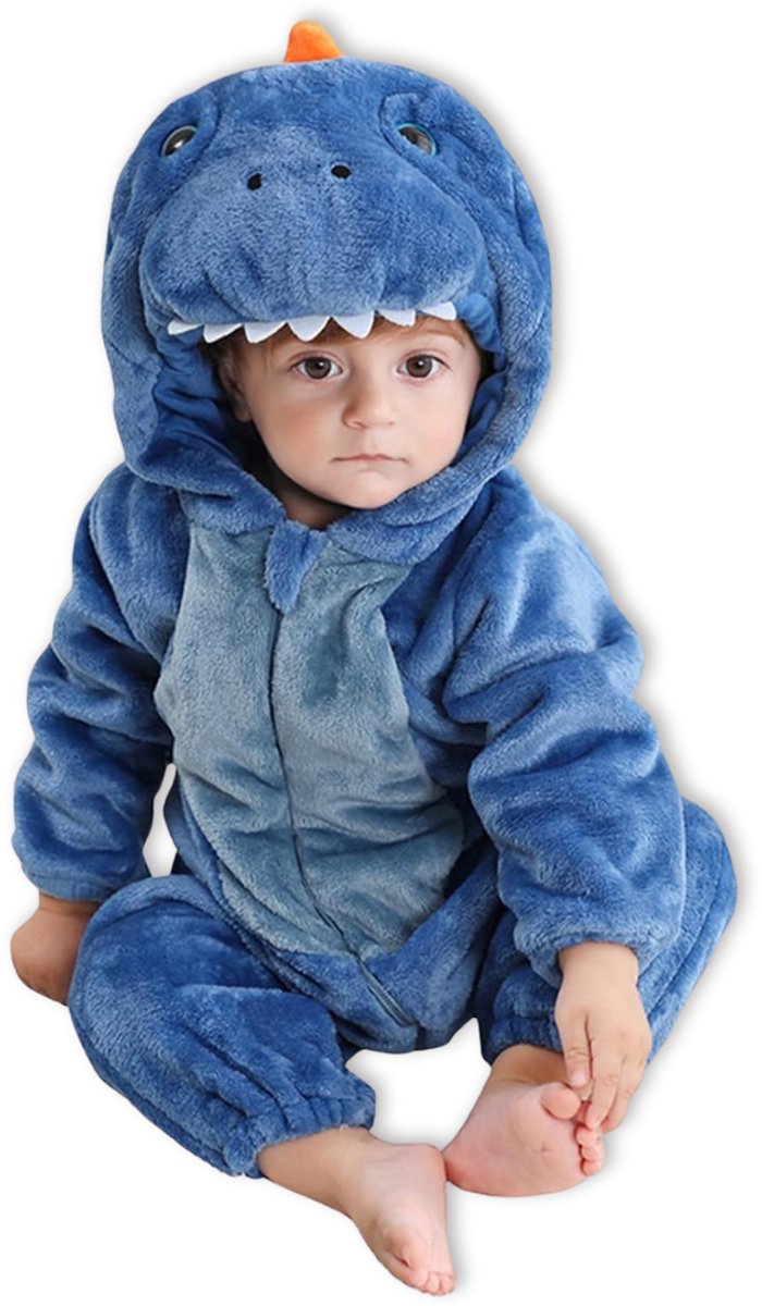 Blauwe Dino Baby Dieren romper Verkleedpak – Peuter CarnavalKostuum – Onesie Kinderen 6 maanden tot 2 jaar – Flanel – Voor Kerstmis, Sinterklaas Cadeau – Jongen & Meisjes - Jumpsuit – Pyjama of Boxpak – Kruippak – Perfect kraamCadeau – Bruin