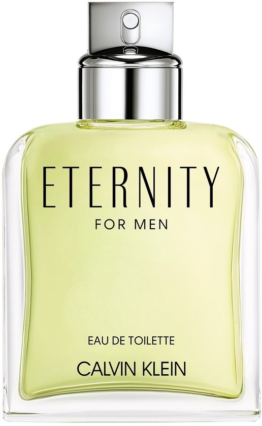 Eternity for men Eau de toilette spray van Calvin Klein in een glazen fles met zilveren dop, met lichtgele vloeistof.