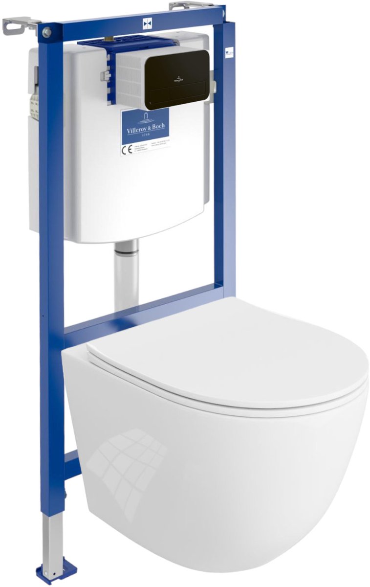 Villeroy&Boch Inbouwreservoir Complete Toiletset ViConnect H112 - Inbouw WC Hangtoilet Wandcloset SINTO - Bedieningsplaat Zwart - Voorwandelement voor toilet - Installatiesysteem