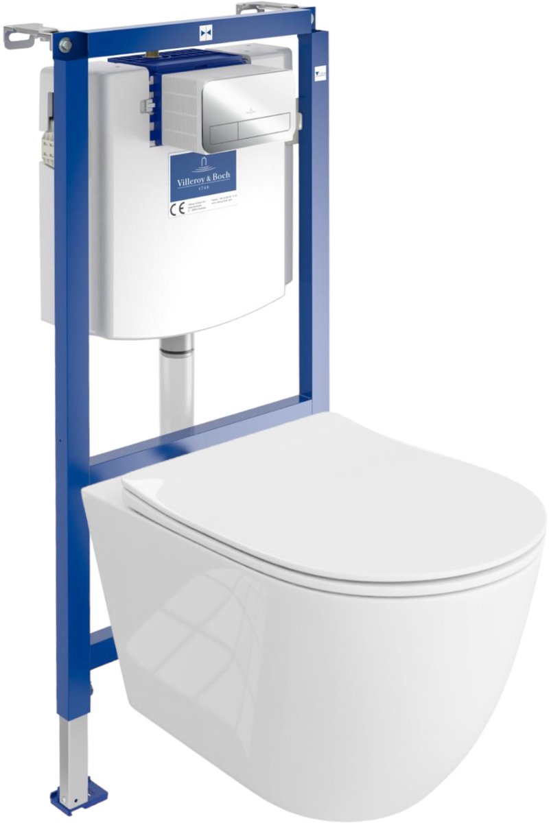 Villeroy&Boch Inbouwreservoir Complete Toiletset ViConnect H112 - Inbouw WC Hangtoilet Wandcloset SINTO GRANDE - Bedieningsplaat Chroom - Voorwandelement voor toilet - Installatiesysteem