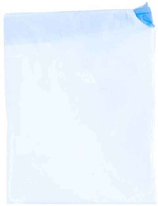 Een witte, absorberende zak voor een droogtoilet met een lichtblauwe rand.