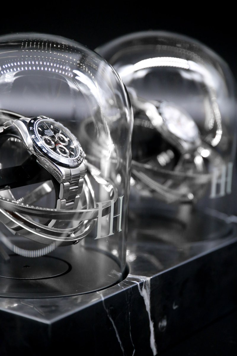 Dubbele Tourbillon horlogeopwinder in zwart Nero Marquina marmer en zilver stalen ringen - Gyrowinder Orbit Watch Winder