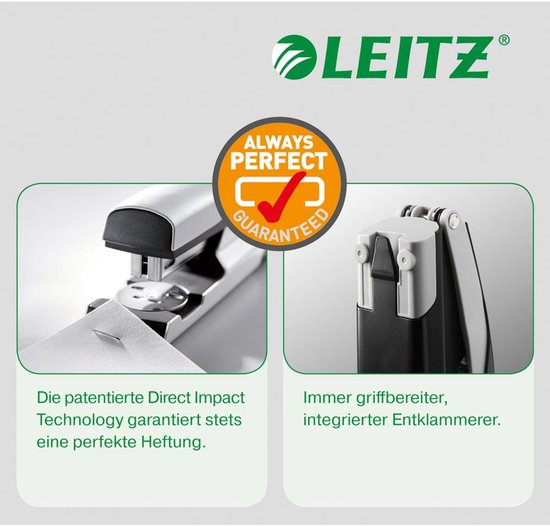 Leitz nietmachine met 'Always Perfect' garantie.