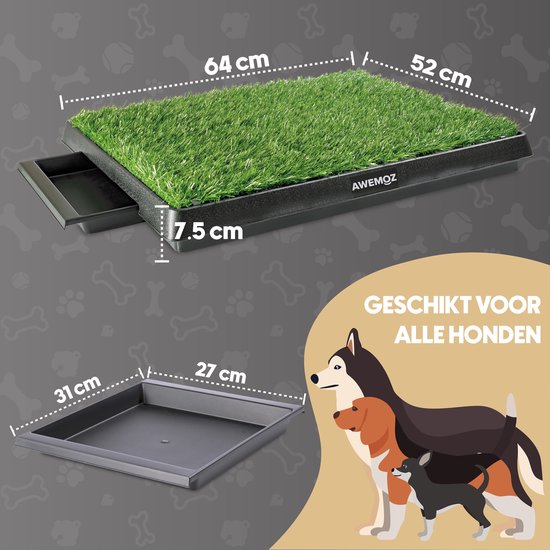 AWEMOZ Hondentoilet Kunstgras - met 2 Matten en Opvangbak - 64x52x7,5cm - Puppy Pads - Zindelijkheidstraining Hond - Training Pads - Indoor / Outdoor Honden Toilet