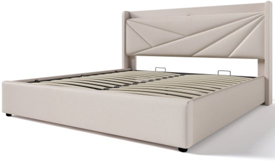 Tweepersoonsbed 180×200cm met opbergruimte, bedstee met ledverlichting, beige linnen
