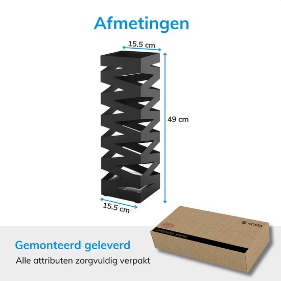 Afmetingen van de zwarte zigzag paraplubak: 15,5 x 15,5 x 49 cm. Wordt gemonteerd geleverd.
