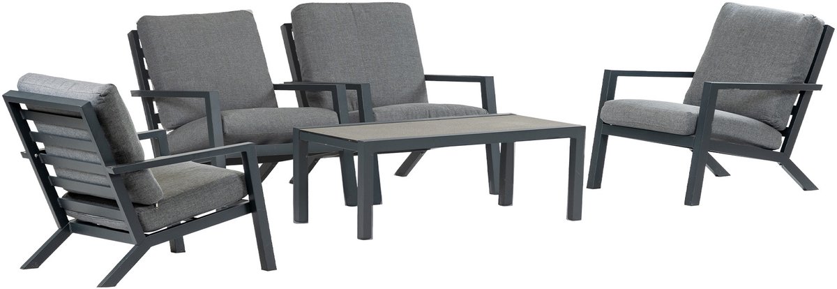 4x Bezano loungestoel | Grey + Loungetafel Bezano 120x60cm | Matt Black | Aluminium