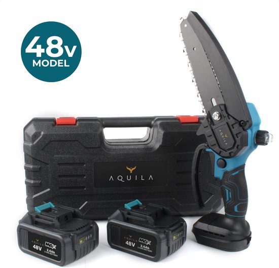 Aquila 48V Mini kettingzaag met 2x Accu - 6 Inch Kleine Elektrische Boomzaag - 650W Borstelloze Handkettingzaag & Takkenzaag - Snoeizaag met 2600 mAh accu's - Incl Koffer en Handschoenen