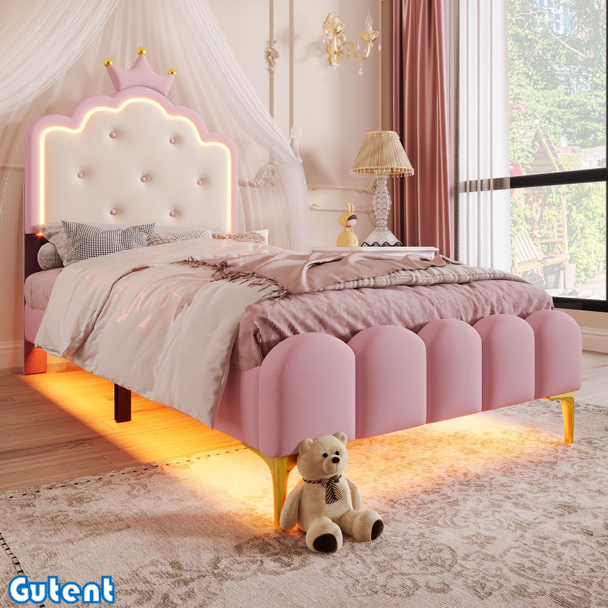 Gutent Kinderbed - 90 x 200 cm - Zonder matras - met sfeerlicht, kroonprinsesvorm - PU-materiaal - Roze