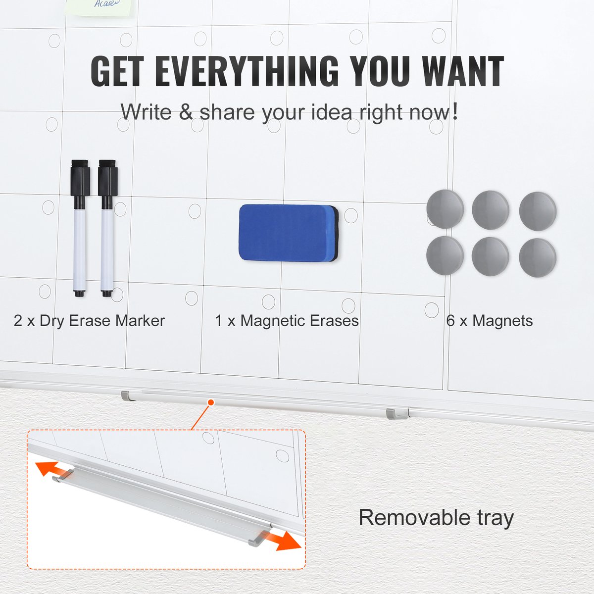 VEVOR Kalender Whiteboard Beschrijfbaar Magneetbord 915 x 610 mm, Memobord Whiteboard incl. 2 Whiteboard Pennen + 6 Magneten + 1 Magnetische Wisser, Whiteboard Droog Uitwisbare Takenlijst Kantoor thumbnail 6