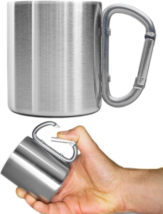 Outdoor Saxx Campingmok – 250 Ml, Dubbelwandig Roestvrij Staal, Met Schroefbare Karabijnhaak, Ideaal Voor Wandelen En Reizen