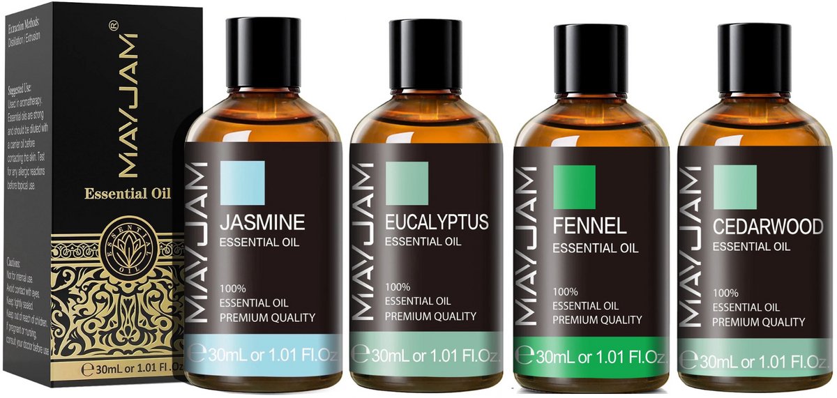 Etherische Olie Set 4 - Jasmijn - Eucalyptus - Venkel/Anijs - Cederhout - Combi Oliën 4 x 30ml -Jasmine - Eucalyptus - Fennel - Cedarwood (adviesprijs €99,80)