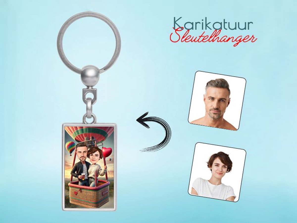Magische Luchtballonvaart met Jouw Karikatuur - Gepersonaliseerde Karikatuur Sleutelhanger - Gepersonaliseerd Cadeau - Met Jouw Foto - Verjaardag - Kerst - Valentijn - Uniek en Handgemaakt - Cadeau - Verjaardag - Kerst - Kado - Valentijn - Huwelijk -