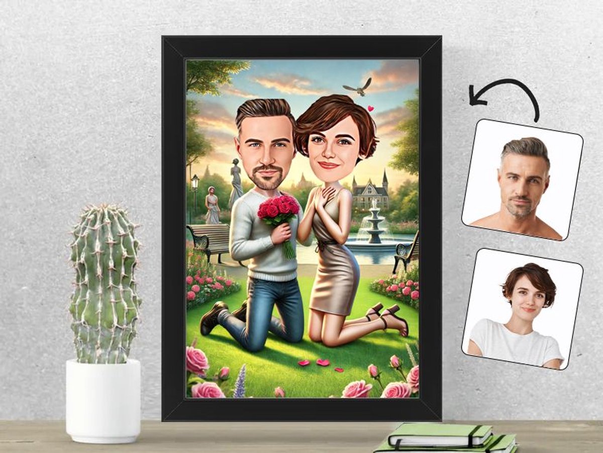 Huwelijksaanzoek in een Sprookjesachtig Park - Gepersonaliseerde Karikatuur Fotolijst 21x30 cm - Gepersonaliseerd Cadeau - Met Jouw Foto - Verjaardag - Kerst - Valentijn - Uniek en Handgemaakt - Cadeau - Huwelijk - Moederdag - Vaderdag - Jubileum -