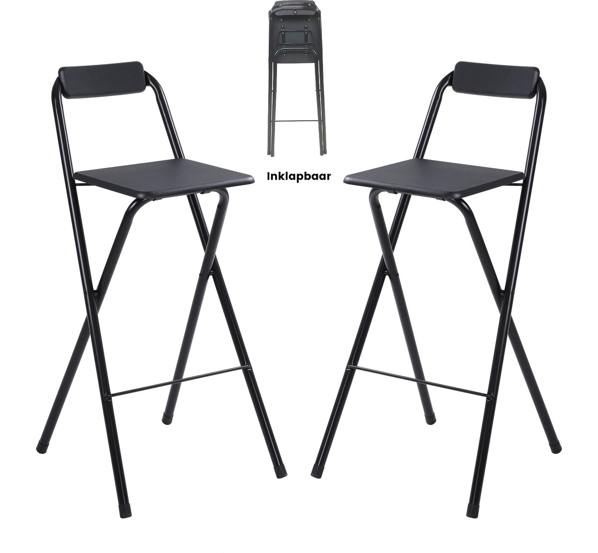 Alora Inklapbare Barkruk - Per 2 - Barkrukken Met Rugleuning - Opvouwbare Barkrukken Set Van 2 - Opklapbaar - Zwart - Outdoor - Barstoel - Klapstoel - Inklapbaar - Met Voetsteun - Camping - Barkruk Buiten