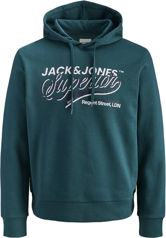 Donkergroene hoodie met opdruk 'JACK&JONES Superior Regent Street, LDN'.