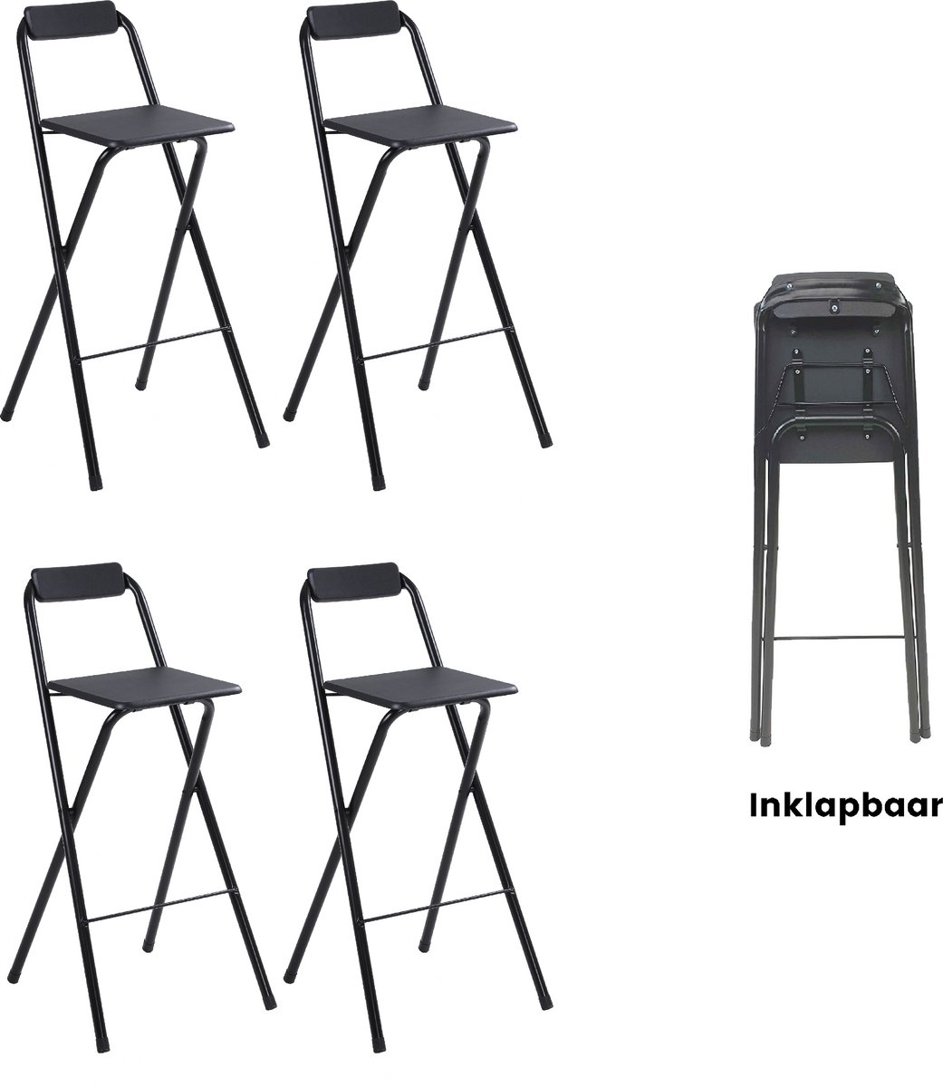 Alora Inklapbare Barkruk - Per 4 - Barkrukken Met Rugleuning - Opvouwbare Barkrukken Set Van 4 - Opklapbaar - Zwart - Outdoor - Barstoel - Klapstoel - Inklapbaar - Met Voetsteun - Camping - Barkruk Buiten