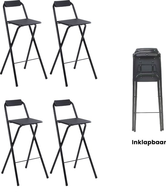 Tabouret de bar pliant Alora - Lot de 4 - Tabourets de bar avec dossier - Tabourets de bar pliables Set de 4 - Pliable - Zwart - Plein air - Chaise de bar - Chaise pliante - Pliable - Avec repose-pieds - Camping - Tabouret de bar d'extérieur