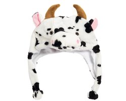 KIMU® Muts Flappen Zwart Witte Koe - Laplander met Oortjes Wit Stier Hoorns - Bontmuts Kinderen of Volwassenen met Klein Hoofd - Flapmuts Pluche Bull Os Rund Halloween