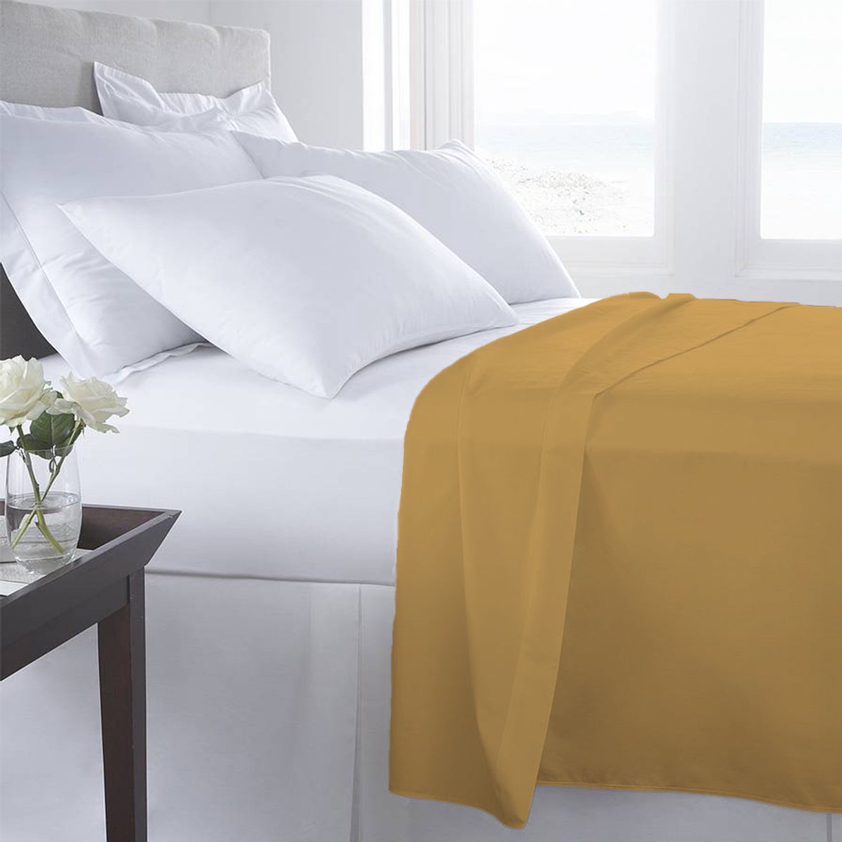 SENZA DONNA 100% Katoen Percaline Laken met Cordonrand 240x275 cm OKERGEEL