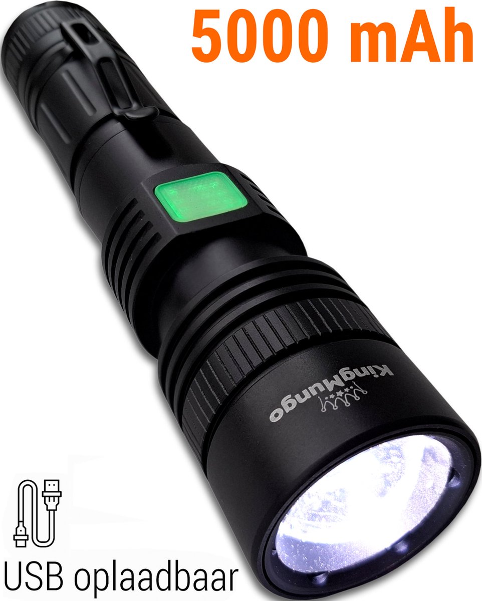 Bol.com Zaklamp LED Oplaadbaar USB 5000 mAh Powerbank - Militaire Zaklamp 1200 Echte Lumen - King Mungo aanbieding
