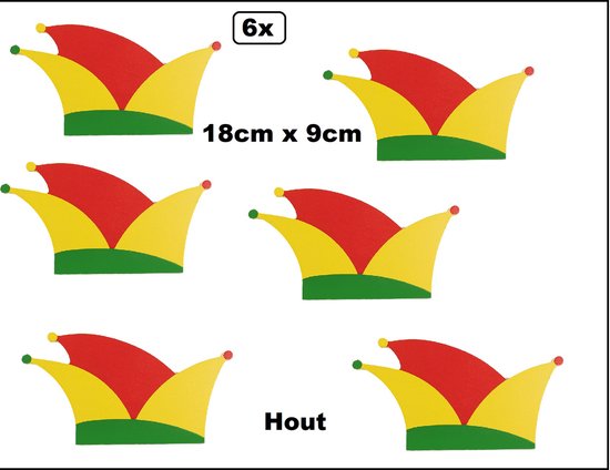 Set van 6 houten prinsenmutsen in rood, geel en groen. Afmetingen 18cm x 9cm.