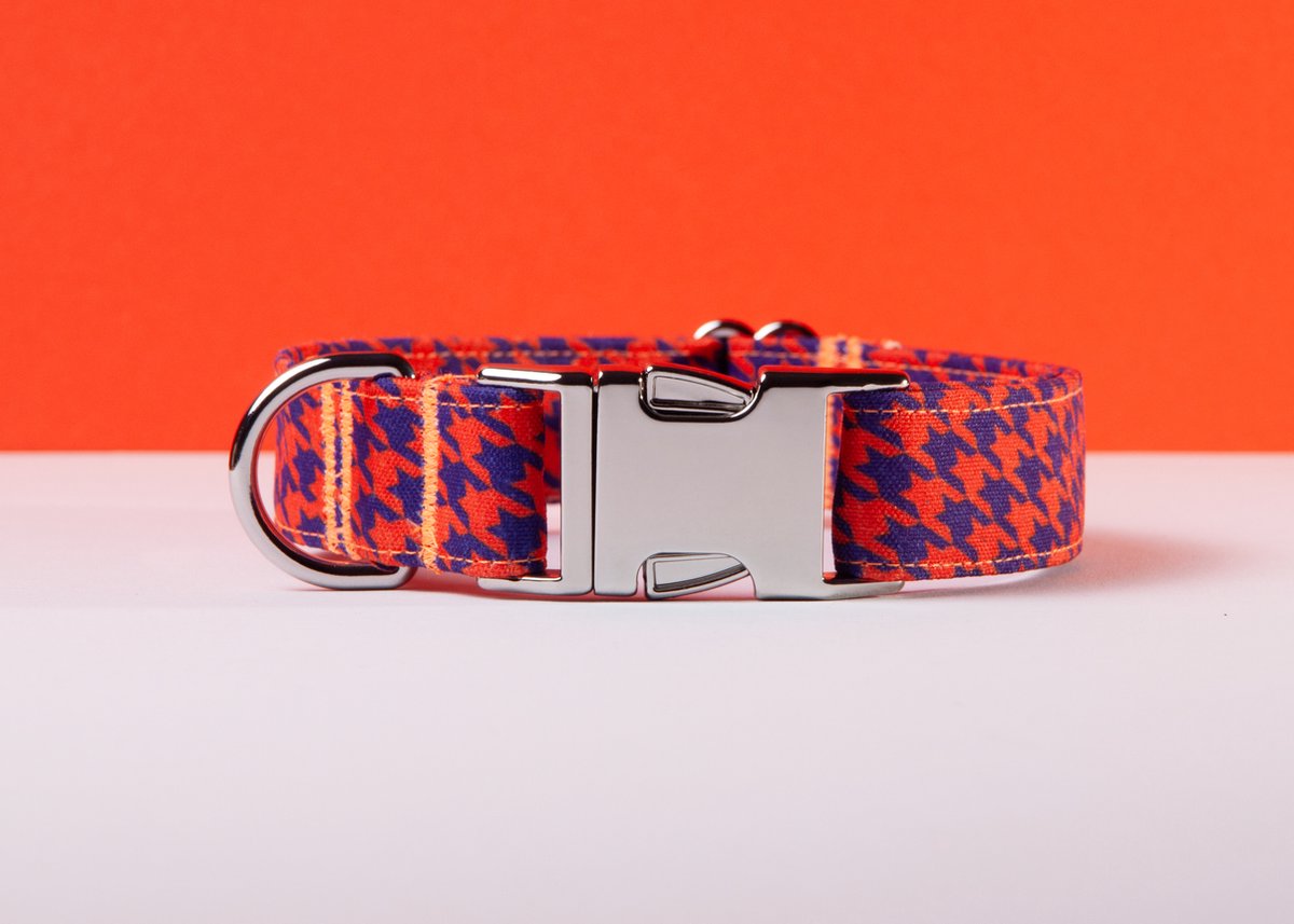 Halsband hond - Pied de poule honden halsband - Handgemaakt in Nederland - Oranje Paars | Maat M