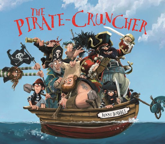 De cover van het kinderboek 'The Pirate-Cruncher' met een groep piraten in een boot, met de tekst 'The Pirate-Cruncher'.