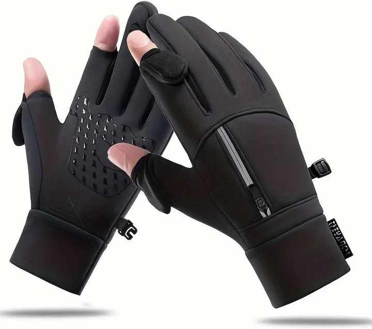 Chibaa - Winter Sport Handschoenen met Ritszak - Antislip - Vingertoppen - Touchscreen - Fietsen - Outdoor - Sporten - Water & Wind Dicht - Zwart - Large