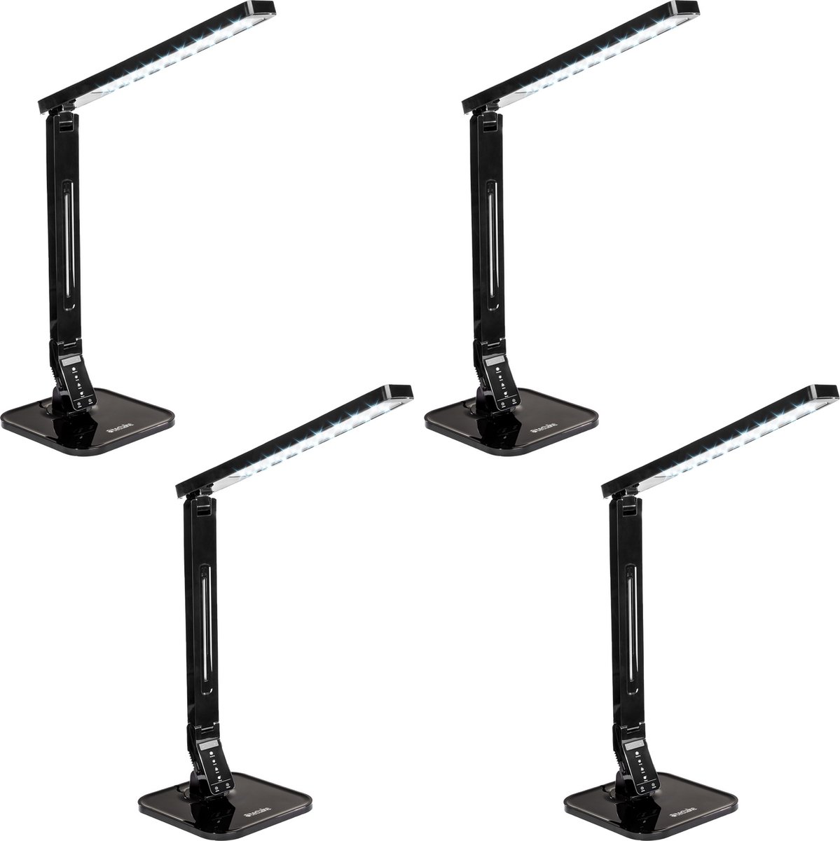 tectake® LED-Bureaulamp - Set van 4 - 14W - USB-Aansluiting voor Opladen van Tablets en Smartphones - Dimbaar met Timerfunctie en 4 Modusinstellingen - Energieklasse A+ - Zwart