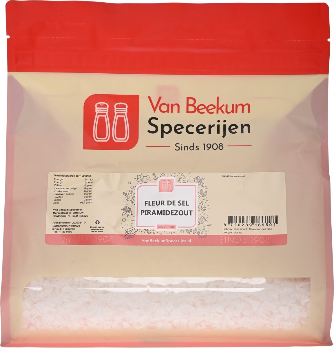 Goedkoopste Van Beekum Specerijen - Fleur De Sel Piramidezout - 1 kilo (hersluitbare stazak