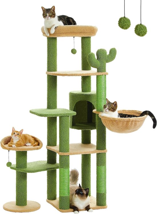PAWZ Road Schraapstaf voor Grote Katten, Stabiele Meerdere Lagen Schraapstaf XXL 170 cm, Hangmat, 13 Sisal Stafs (11 cm), Grote Zitpaal, Holen, Manden, Groen | Bedden en slaapkamermeubels