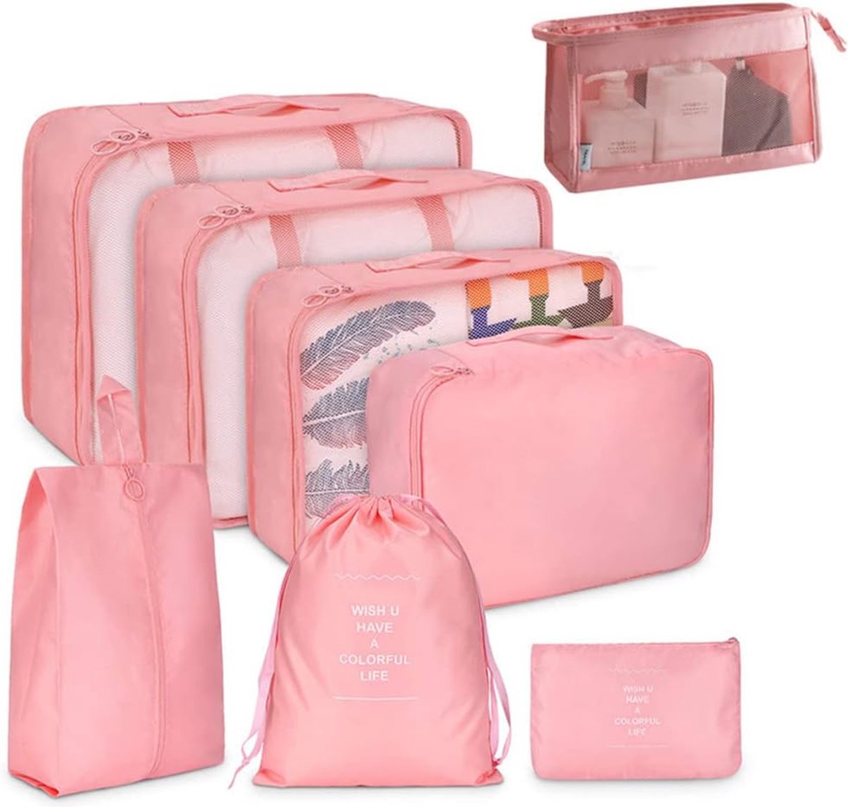 JGS ® Reisverpakkingskubussen, 8-delige set reiskubussen, opvouwbare bagage-opbergtas, lichtgewicht bagage-opbergtas (roze)
