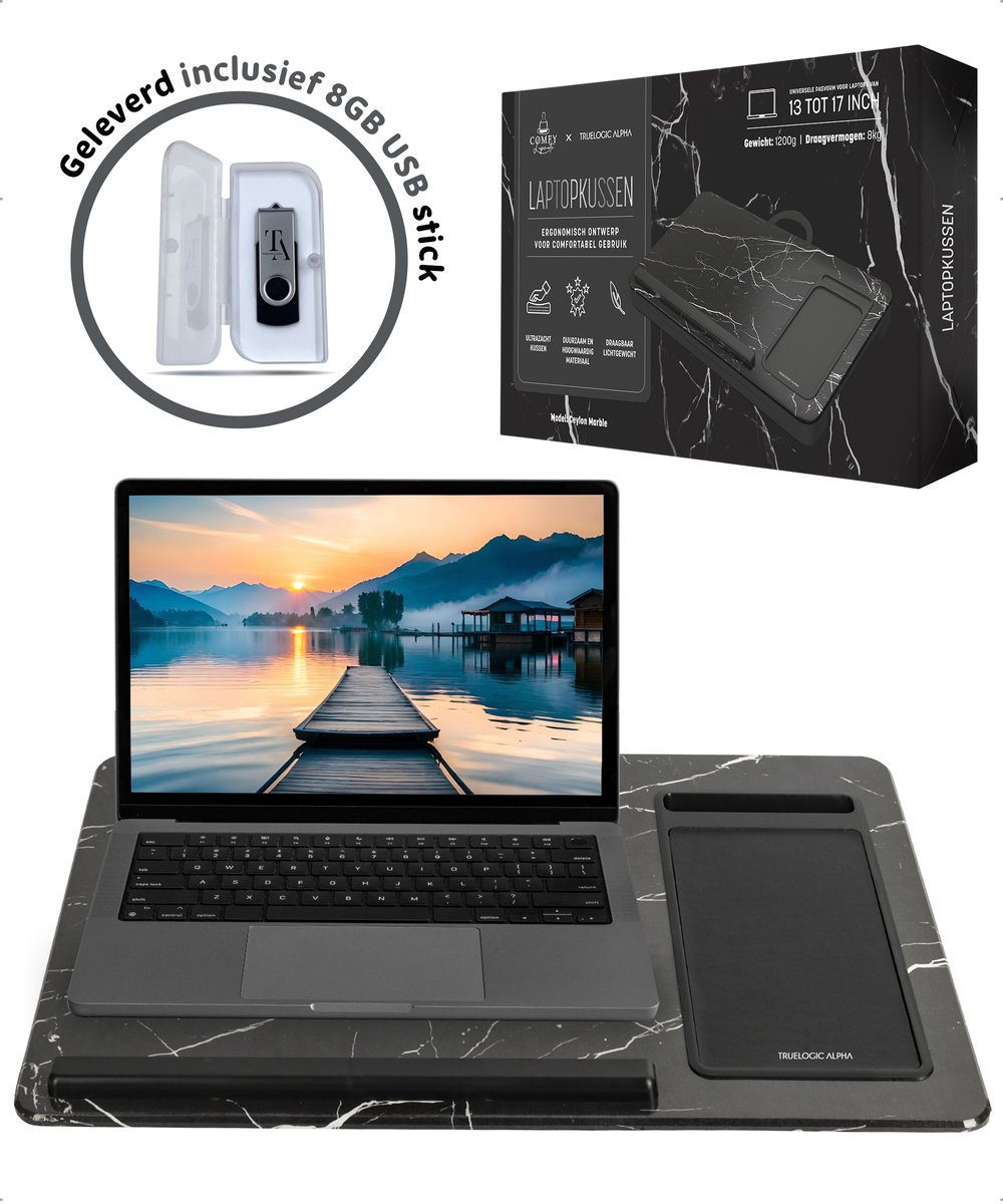 TrueLogic Alpha Laptop standaard - Laptoptafel - Bedtafel - Laptopkussen - Laptopstandaard - Voor laptops t/m 17 inch - Geleverd inclusief 8GB USB stick - Ceylon Marble