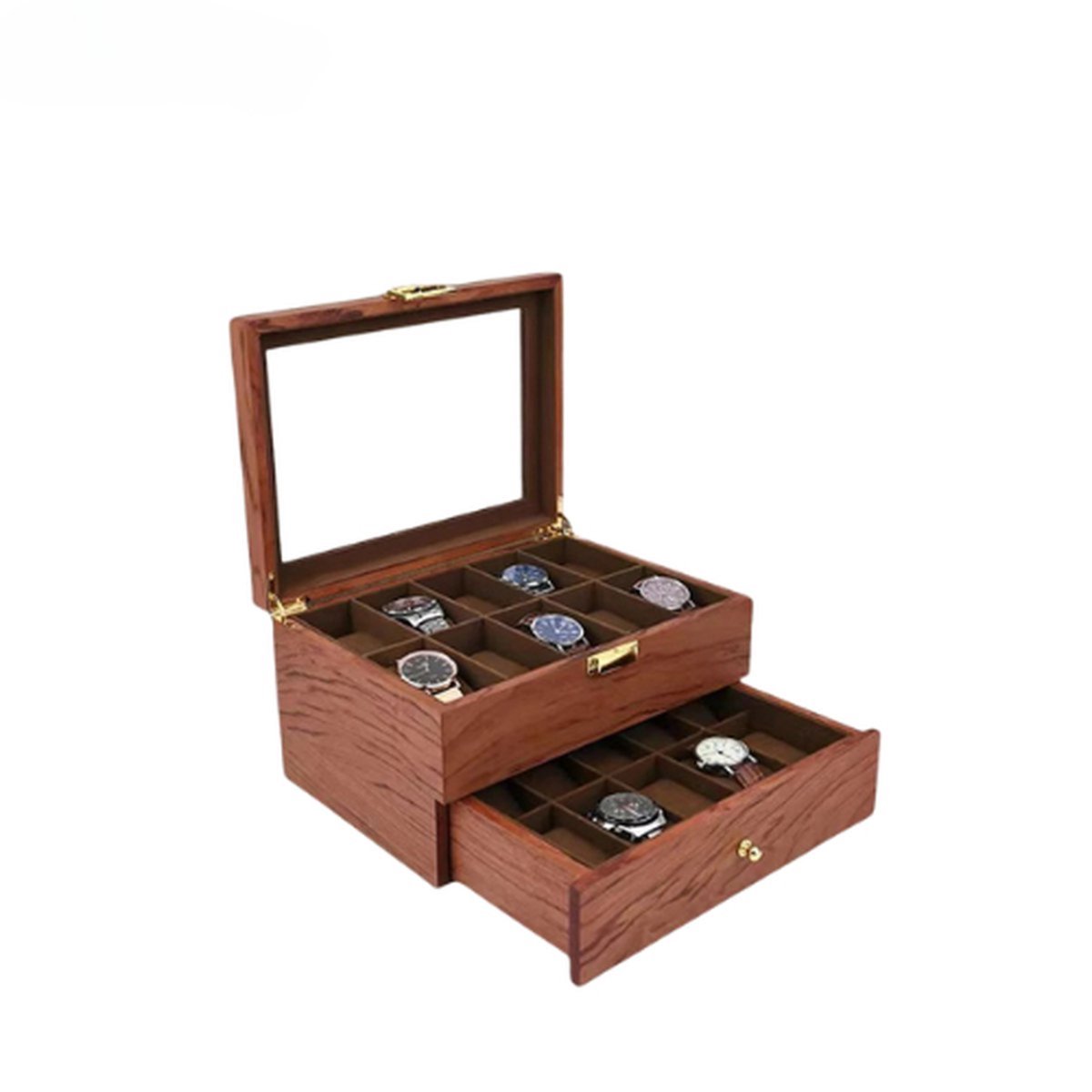 Luxe Horlogebox - Horlogedoos Heren Dames - Geschikt voor 20 Horloges of Armbanden - Sieradendoos - Juwelendoos - hout - 2 lagen - 20 vakken - Vaderdag - Kerst Cadeau