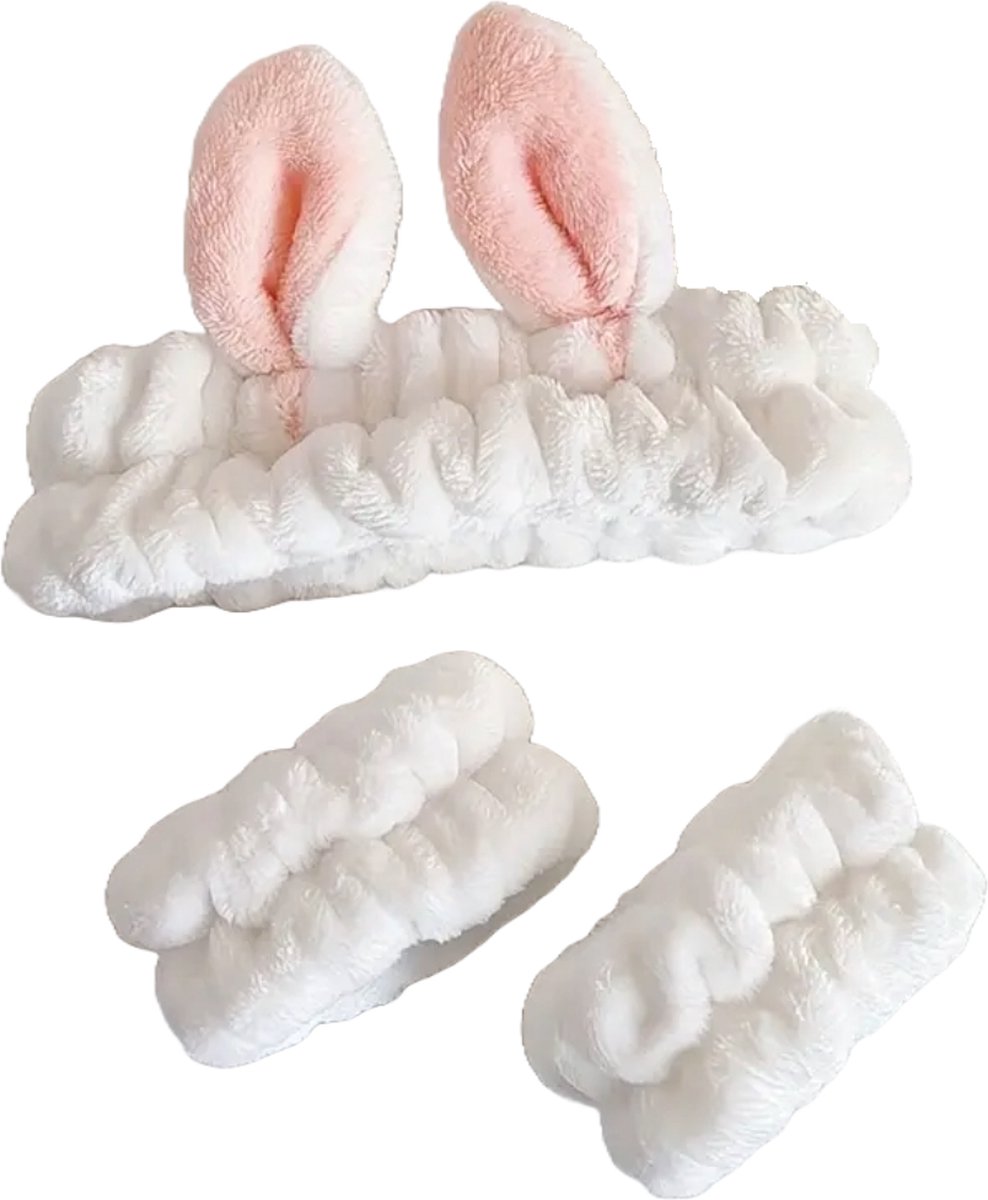 Make-up Haarband & Water Absorberende Polsbanden voor Face cleaning – Pluche Makeup Bunny Ears voor Gezichtsverzorging, Skincare, Face Washing & Carnaval Cosplay Konijn Accessoires